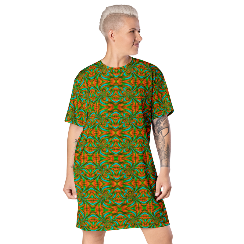 Product name: Recursia Tie-Dye Overdrive I T-Shirt Dress. Keywords: Clothing, T-Shirt Dress, Print: Tie-Dye Overdrive, Women's Clothing