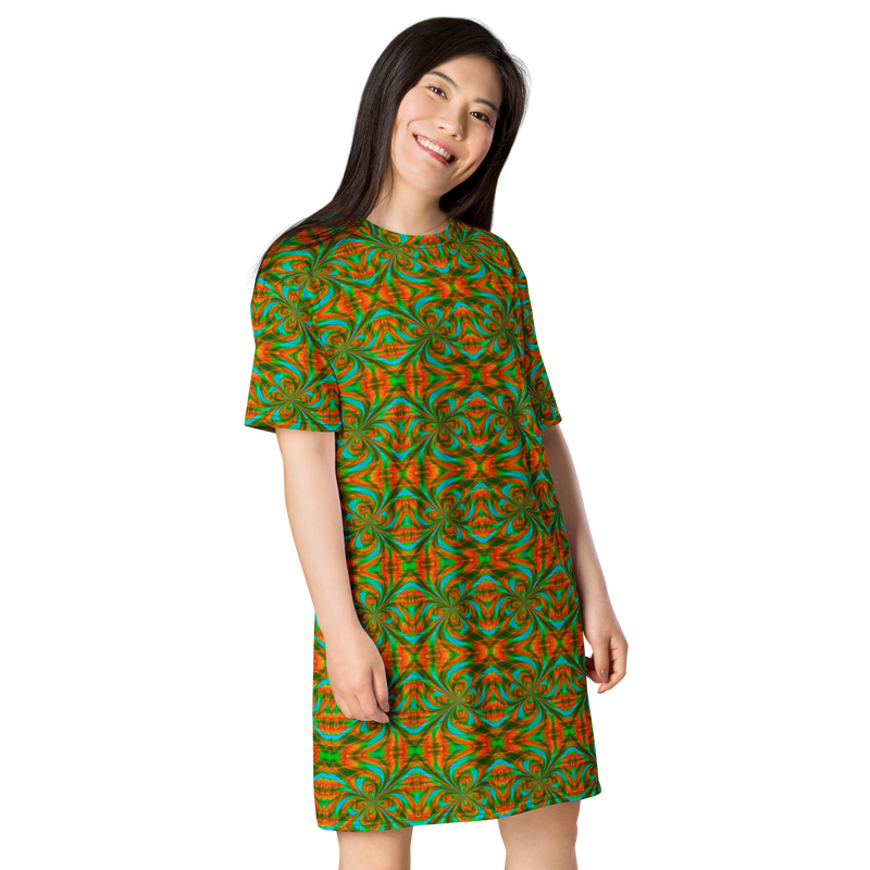 Product name: Recursia Tie-Dye Overdrive I T-Shirt Dress. Keywords: Clothing, T-Shirt Dress, Print: Tie-Dye Overdrive, Women's Clothing