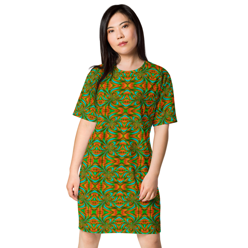 Product name: Recursia Tie-Dye Overdrive I T-Shirt Dress. Keywords: Clothing, T-Shirt Dress, Print: Tie-Dye Overdrive, Women's Clothing