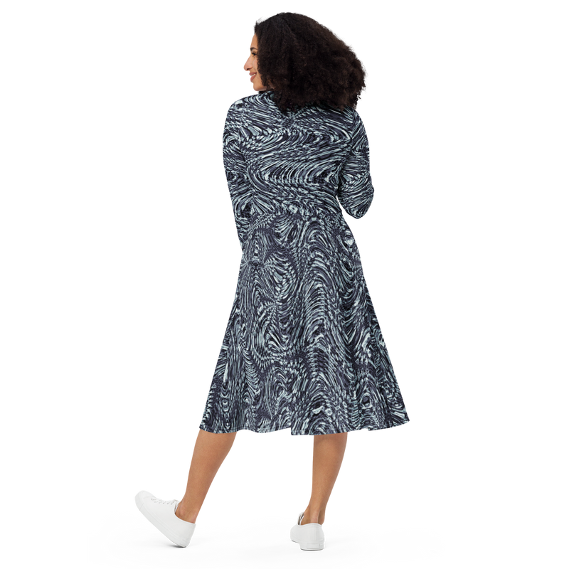 Product name: Recursia Alchemical Vision I Vision Long Sleeve Midi Dress In Blue. Keywords: Print: Alchemical Vision, Clothing, Long Sleeve Midi Dress, Women's Clothing
