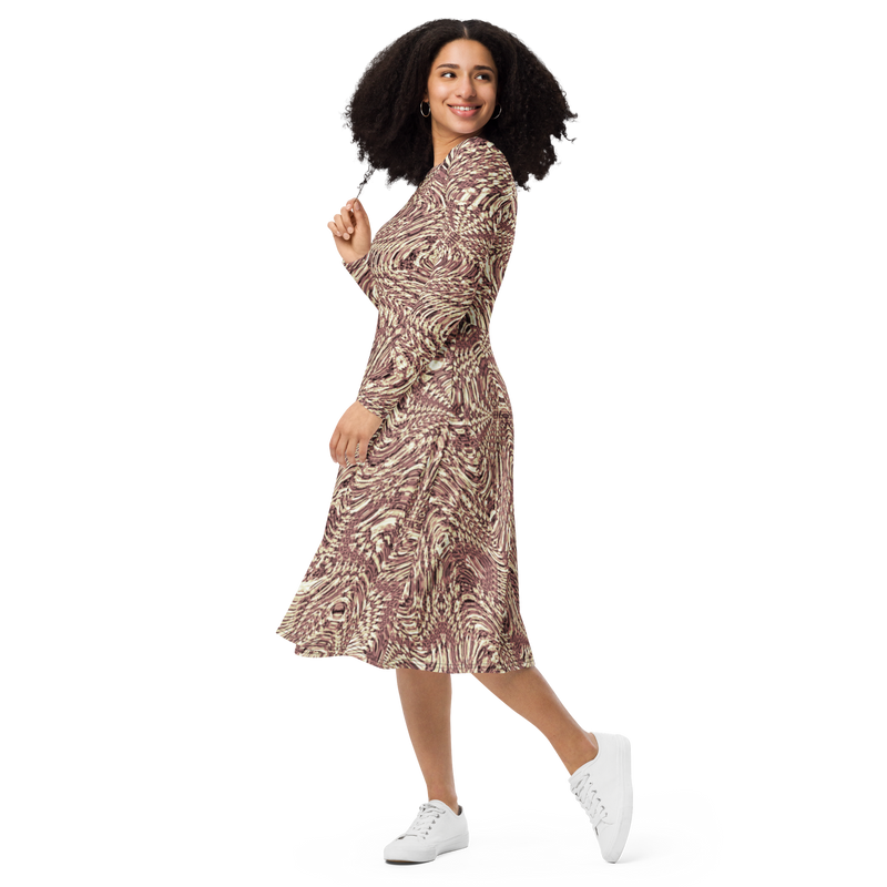 Product name: Recursia Alchemical Vision I Vision Long Sleeve Midi Dress In Pink. Keywords: Print: Alchemical Vision, Clothing, Long Sleeve Midi Dress, Women's Clothing