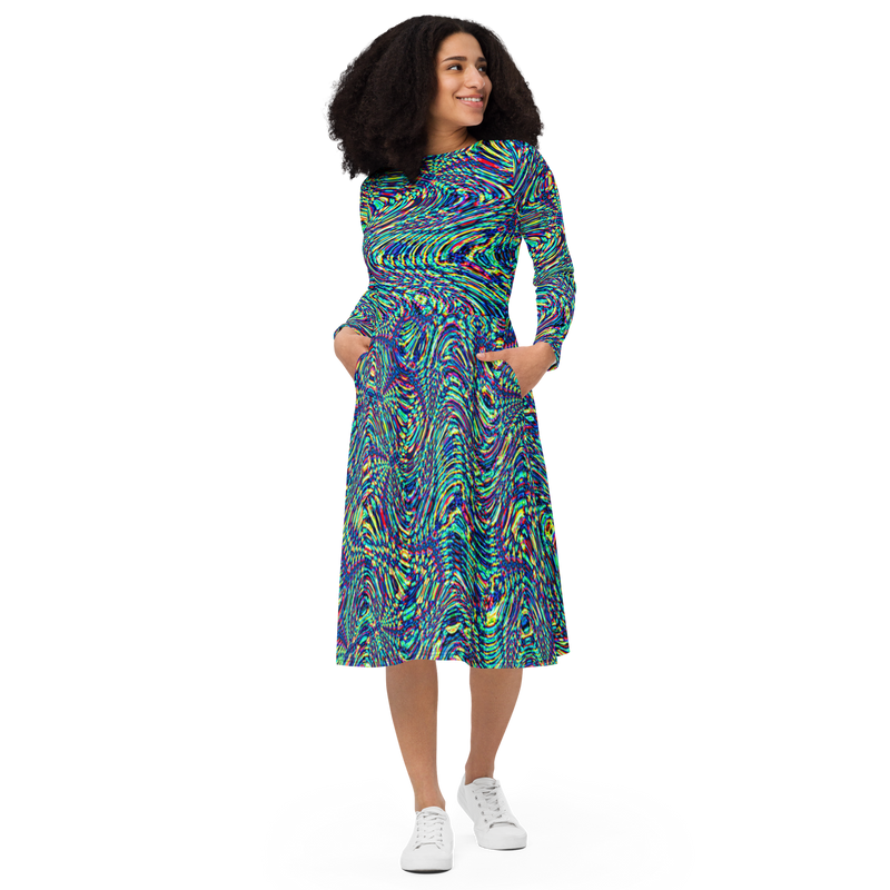 Product name: Recursia Alchemical Vision I Vision Long Sleeve Midi Dress. Keywords: Print: Alchemical Vision, Clothing, Long Sleeve Midi Dress, Women's Clothing