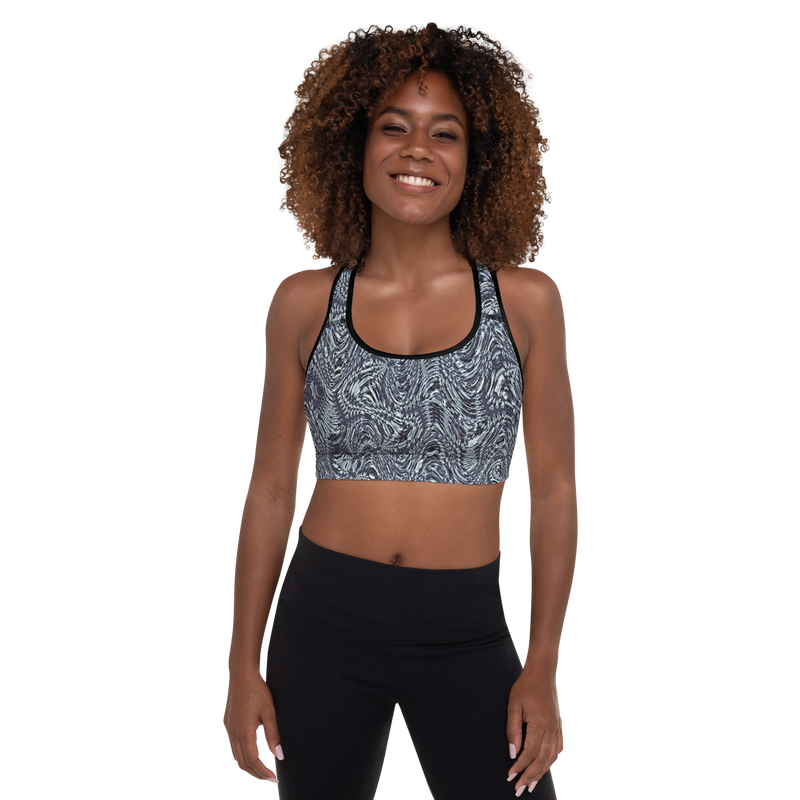 Product name: Recursia Alchemical Vision Padded Sports Bra In Blue. Keywords: Print: Alchemical Vision, Athlesisure Wear, Clothing, Padded Sports Bra, Women's Clothing