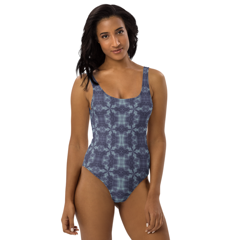 Product name: Recursia Argyle Rewired One Piece Swimsuit In Blue. Keywords: Print: Argyle Rewired, Clothing, One Piece Swimsuit, Swimwear, Unisex Clothing