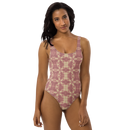 Product name: Recursia Argyle Rewired One Piece Swimsuit In Pink. Keywords: Print: Argyle Rewired, Clothing, One Piece Swimsuit, Swimwear, Unisex Clothing