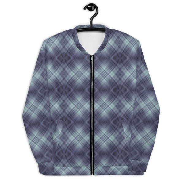 Product name: Recursia Argyle Rewired I Men's Bomber Jacket In Blue. Keywords: Print: Argyle Rewired, Clothing, Men's Bomber Jacket, Men's Clothing, Men's Tops