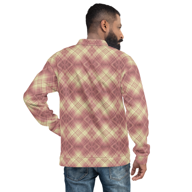 Product name: Recursia Argyle Rewired I Men's Bomber Jacket In Pink. Keywords: Print: Argyle Rewired, Clothing, Men's Bomber Jacket, Men's Clothing, Men's Tops