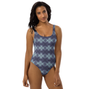 Product name: Recursia Argyle Rewired I One Piece Swimsuit In Blue. Keywords: Print: Argyle Rewired, Clothing, One Piece Swimsuit, Swimwear, Unisex Clothing