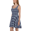 Product name: Recursia Argyle Rewired I Skater Dress In Blue. Keywords: Print: Argyle Rewired, Clothing, Skater Dress, Women's Clothing