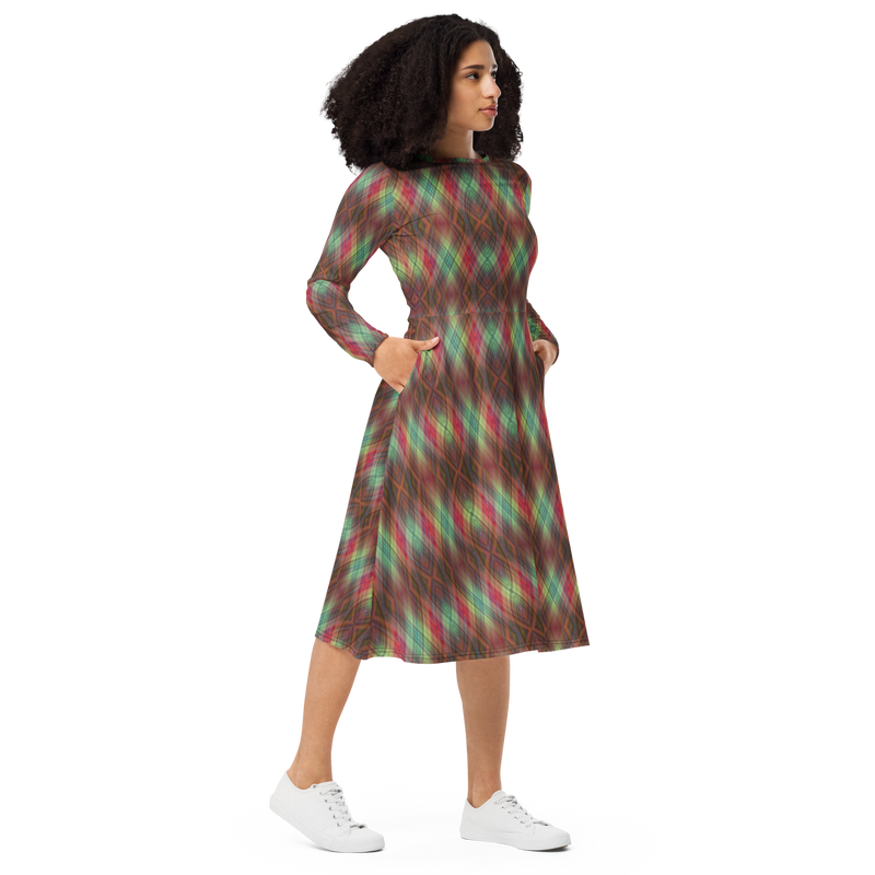 Product name: Recursia Argyle Rewired Long Sleeve Midi Dress. Keywords: Print: Argyle Rewired, Clothing, Long Sleeve Midi Dress, Women's Clothing