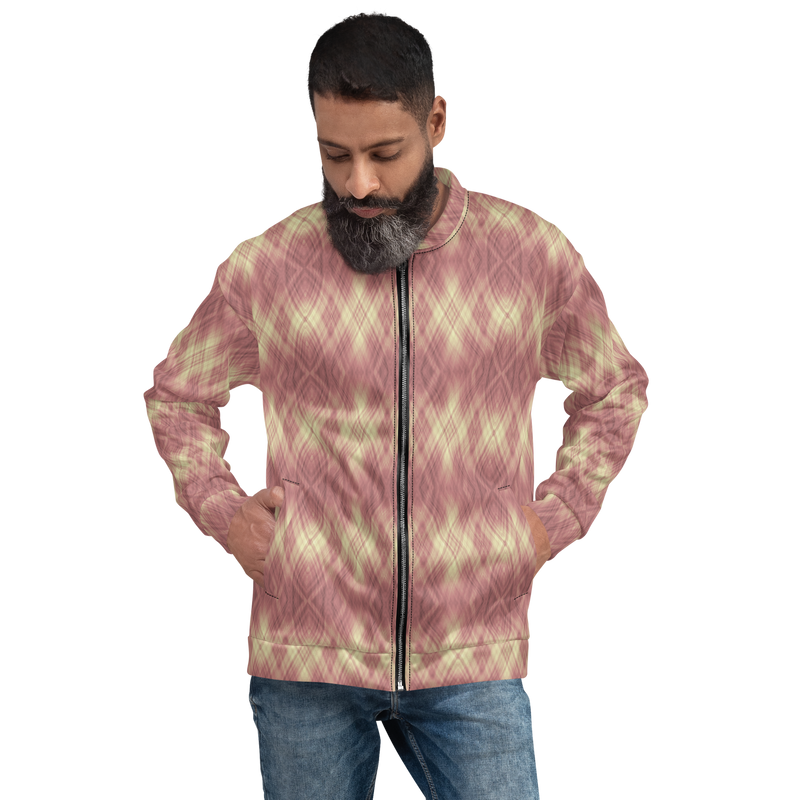 Product name: Recursia Argyle Rewired II Men's Bomber Jacket In Pink. Keywords: Print: Argyle Rewired, Clothing, Men's Bomber Jacket, Men's Clothing, Men's Tops