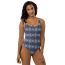 Product name: Recursia Argyle Rewired II One Piece Swimsuit In Blue. Keywords: Print: Argyle Rewired, Clothing, One Piece Swimsuit, Swimwear, Unisex Clothing