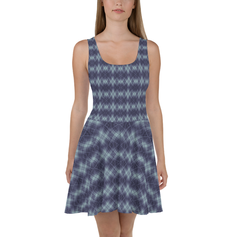 Product name: Recursia Argyle Rewired II Skater Dress In Blue. Keywords: Print: Argyle Rewired, Clothing, Skater Dress, Women's Clothing