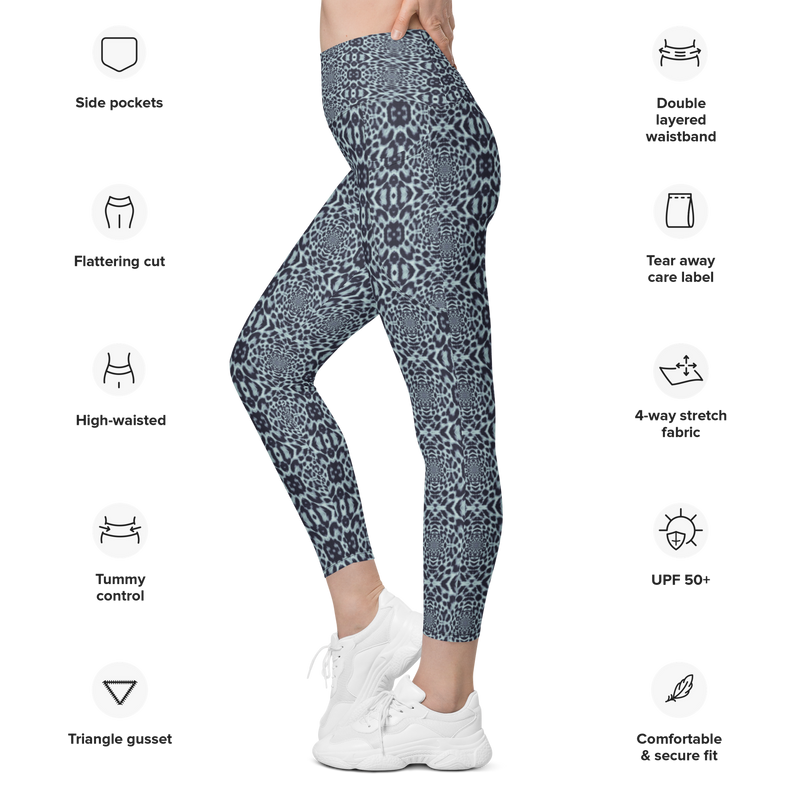 Product name: Recursia Contemplative Jaguar II Leggings With Pockets In Blue. Keywords: Athlesisure Wear, Clothing, Print: Contemplative Jaguar, Leggings with Pockets, Women's Clothing