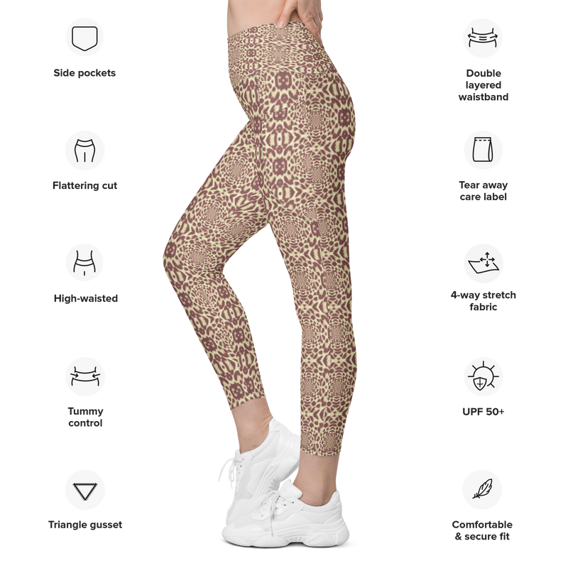 Product name: Recursia Contemplative Jaguar II Leggings With Pockets In Pink. Keywords: Athlesisure Wear, Clothing, Print: Contemplative Jaguar, Leggings with Pockets, Women's Clothing