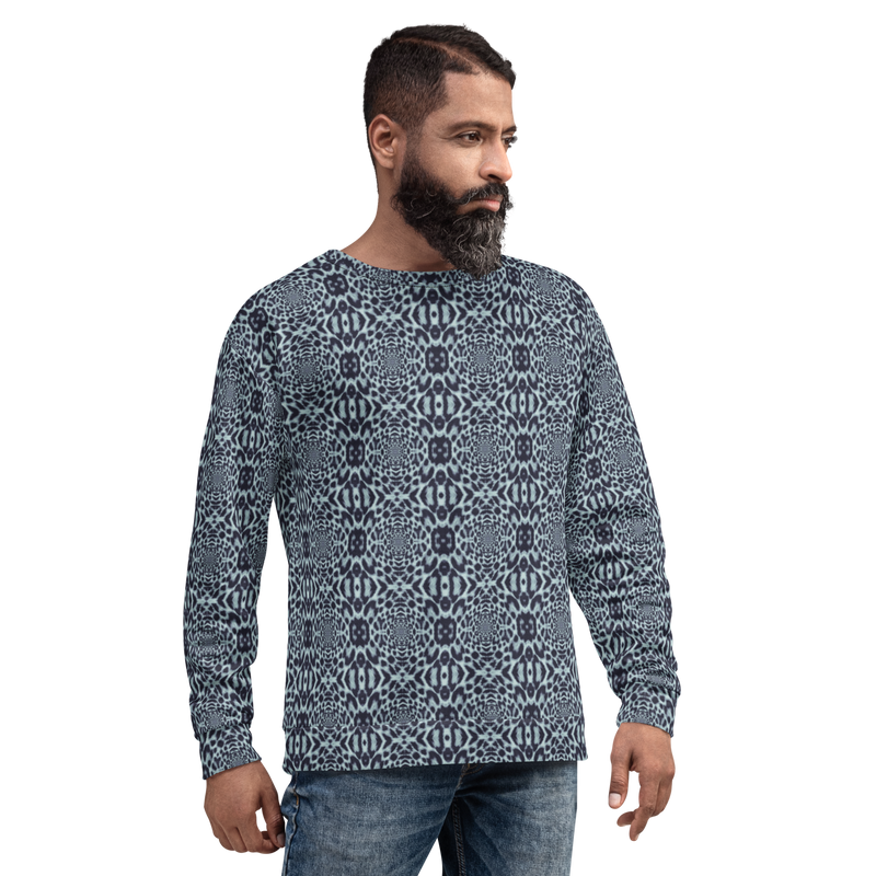 Product name: Recursia Contemplative Jaguar Men's Sweatshirt In Blue. Keywords: Athlesisure Wear, Clothing, Print: Contemplative Jaguar, Men's Athlesisure, Men's Clothing, Men's Sweatshirt, Men's Tops