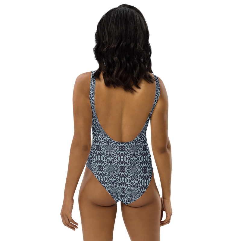 Product name: Recursia Contemplative Jaguar One Piece Swimsuit In Blue. Keywords: Clothing, Print: Contemplative Jaguar, One Piece Swimsuit, Swimwear, Unisex Clothing