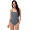 Product name: Recursia Contemplative Jaguar II One Piece Swimsuit In Blue. Keywords: Clothing, Print: Contemplative Jaguar, One Piece Swimsuit, Swimwear, Unisex Clothing