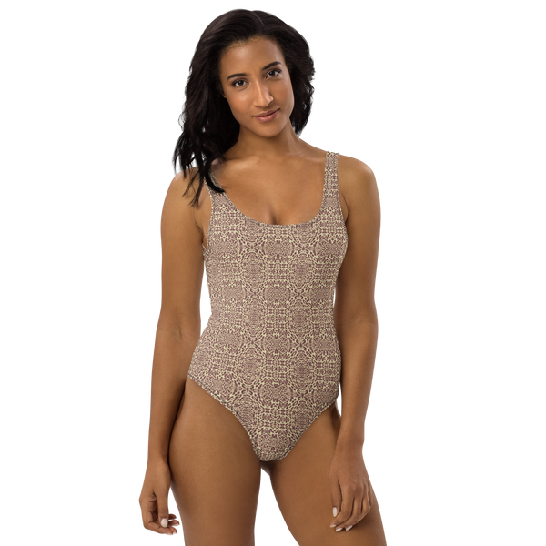 Product name: Recursia Contemplative Jaguar II One Piece Swimsuit In Pink. Keywords: Clothing, Print: Contemplative Jaguar, One Piece Swimsuit, Swimwear, Unisex Clothing