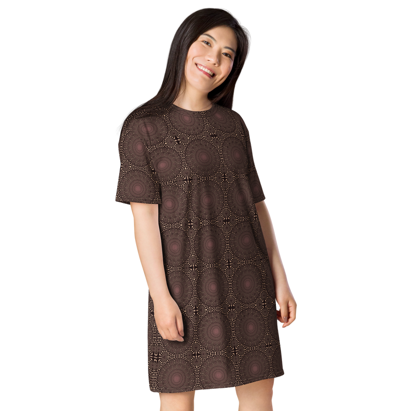 Product name: Recursia Desert Dream T-Shirt Dress In Pink. Keywords: Clothing, Print: Desert Dream, T-Shirt Dress, Women's Clothing
