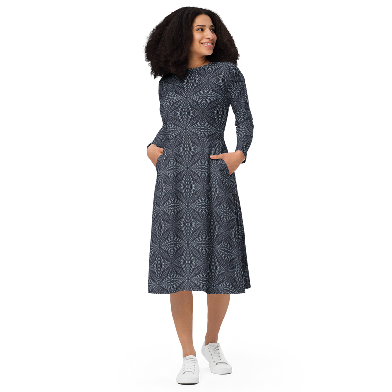 Product name: Recursia Fabrique Unknown II Long Sleeve Midi Dress In Blue. Keywords: Clothing, Print: Fabrique Unknown, Long Sleeve Midi Dress, Women's Clothing