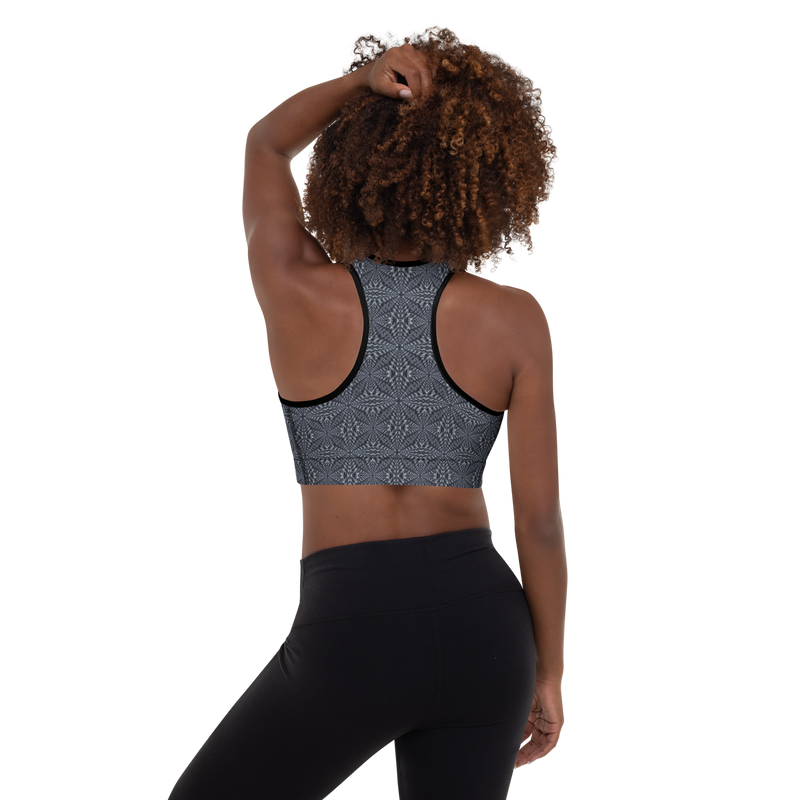 Product name: Recursia Fabrique Unknown Padded Sports Bra In Blue. Keywords: Athlesisure Wear, Clothing, Print: Fabrique Unknown, Padded Sports Bra, Women's Clothing