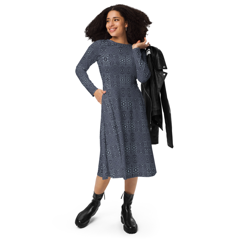 Product name: Recursia Fabrique Unknown I Long Sleeve Midi Dress In Blue. Keywords: Clothing, Print: Fabrique Unknown, Long Sleeve Midi Dress, Women's Clothing