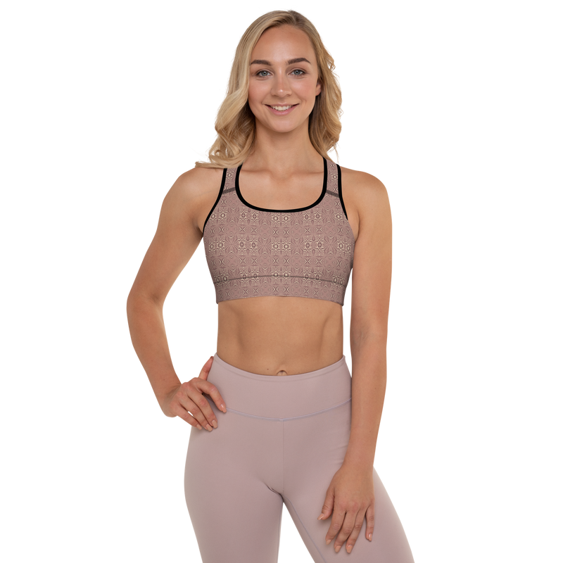 Product name: Recursia Fabrique Unknown I Padded Sports Bra In Pink. Keywords: Athlesisure Wear, Clothing, Print: Fabrique Unknown, Padded Sports Bra, Women's Clothing