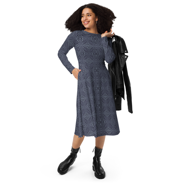 Product name: Recursia Fabrique Unknown Long Sleeve Midi Dress In Blue. Keywords: Clothing, Print: Fabrique Unknown, Long Sleeve Midi Dress, Women's Clothing