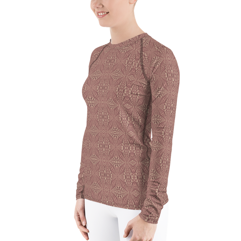 Product name: Recursia Fabrique Unknown II Women's Rash Guard In Pink. Keywords: Print: Fabrique Unknown, Women's Rash Guard