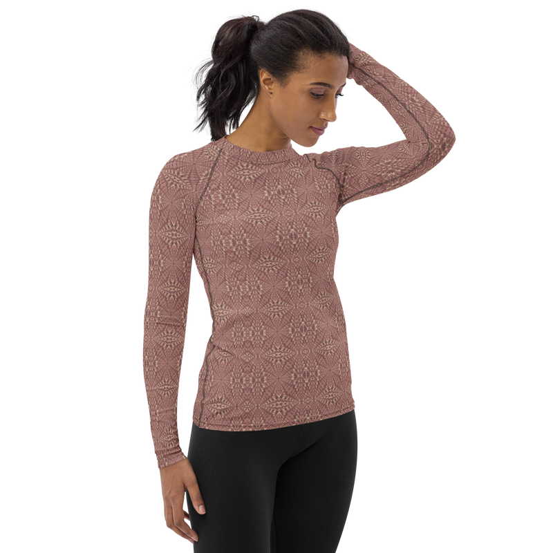 Product name: Recursia Fabrique Unknown II Women's Rash Guard In Pink. Keywords: Print: Fabrique Unknown, Women's Rash Guard