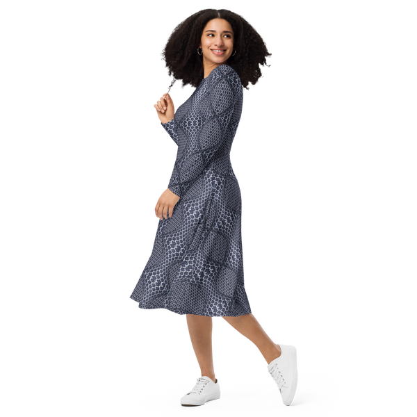 Product name: Recursia Illusions Game Long Sleeve Midi Dress In Blue. Keywords: Clothing, Long Sleeve Midi Dress, Women's Clothing, Print: llusions Game