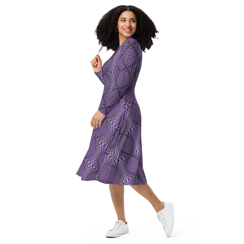 Product name: Recursia Illusions Game Long Sleeve Midi Dress. Keywords: Clothing, Long Sleeve Midi Dress, Women's Clothing, Print: llusions Game