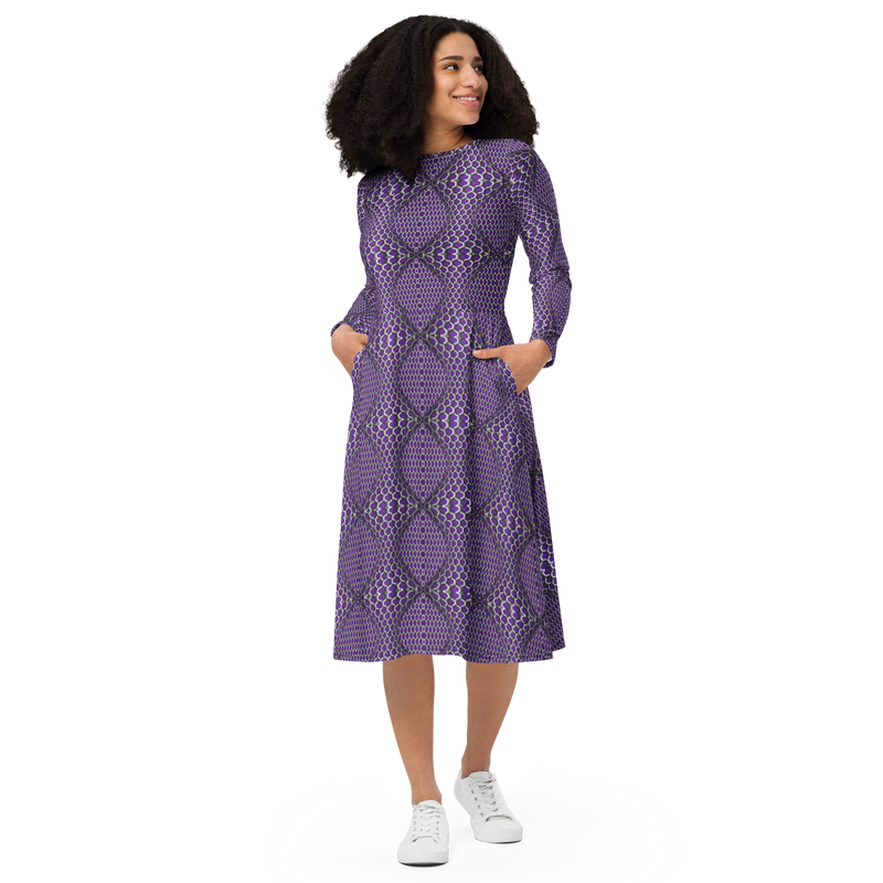 Product name: Recursia Illusions Game Long Sleeve Midi Dress. Keywords: Clothing, Long Sleeve Midi Dress, Women's Clothing, Print: llusions Game