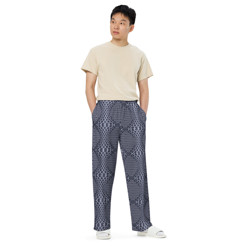 Product name: Recursia Illusions Game Men's Wide Leg Pants In Blue. Keywords: Men's Clothing, Men's Wide Leg Pants, Print: llusions Game