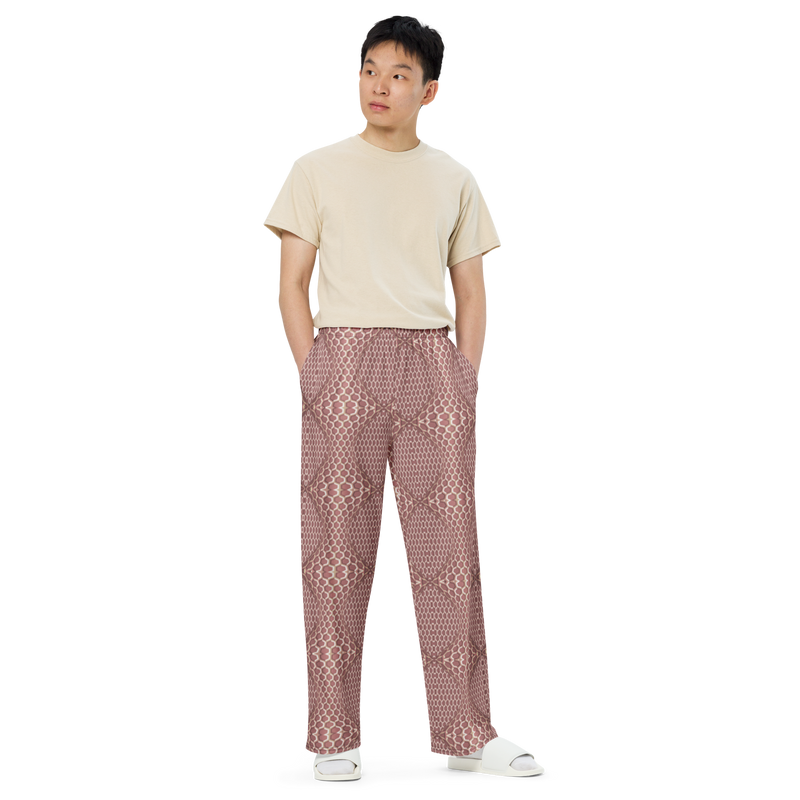 Product name: Recursia Illusions Game Men's Wide Leg Pants In Pink. Keywords: Men's Clothing, Men's Wide Leg Pants, Print: llusions Game