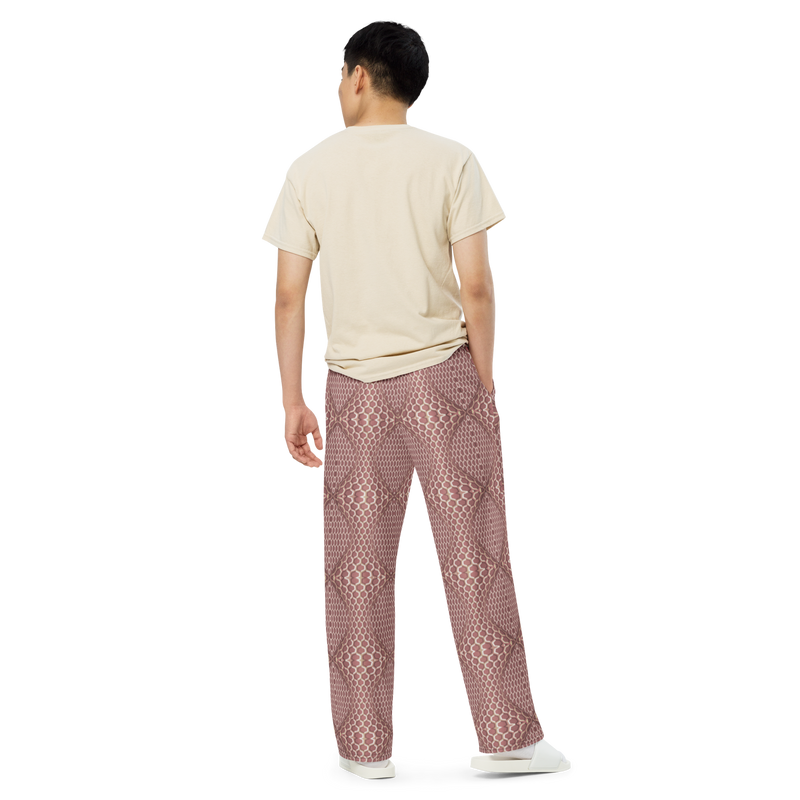 Product name: Recursia Illusions Game Men's Wide Leg Pants In Pink. Keywords: Men's Clothing, Men's Wide Leg Pants, Print: llusions Game