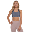 Product name: Recursia Illusions Game Padded Sports Bra In Blue. Keywords: Athlesisure Wear, Clothing, Padded Sports Bra, Women's Clothing, Print: llusions Game