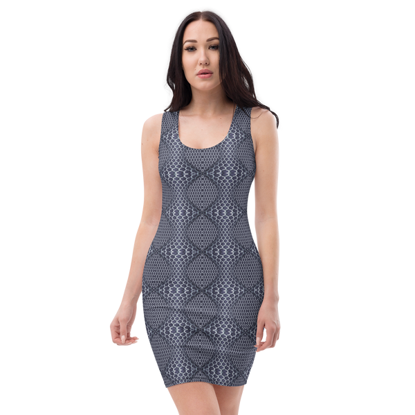Product name: Recursia Illusions Game Pencil Dress In Blue. Keywords: Clothing, Pencil Dress, Women's Clothing, Print: llusions Game