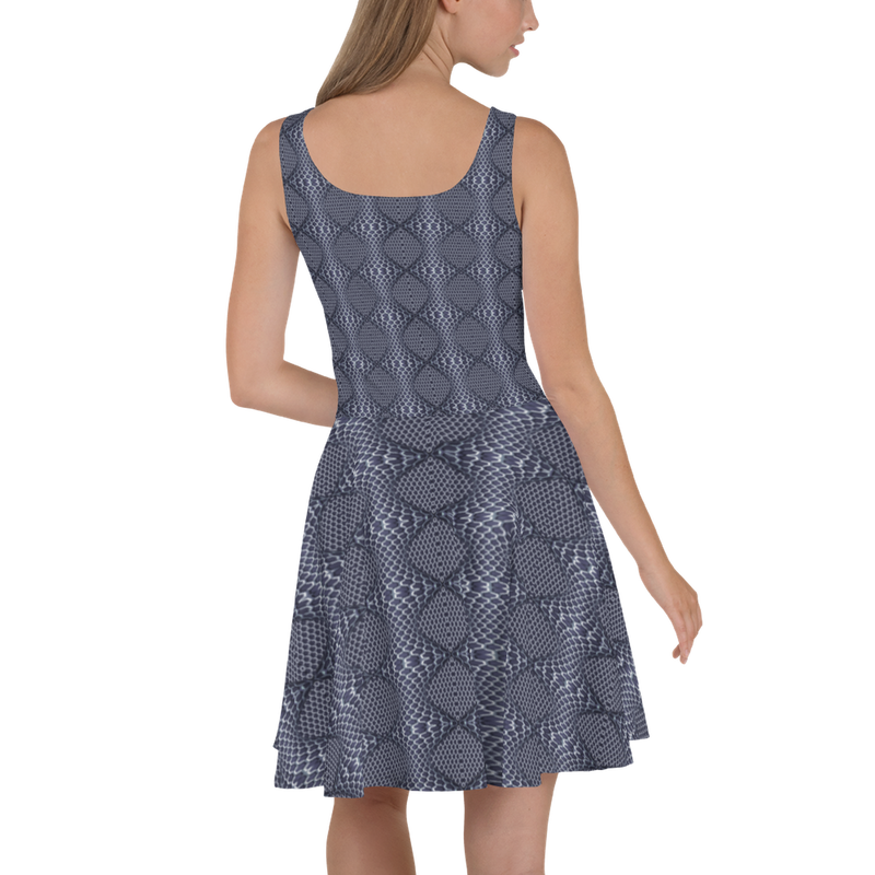 Product name: Recursia Illusions Game Skater Dress In Blue. Keywords: Clothing, Skater Dress, Women's Clothing, Print: llusions Game