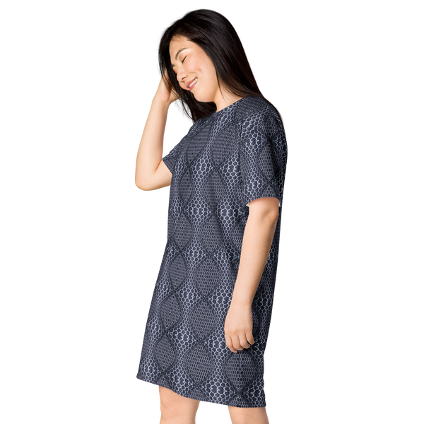 Product name: Recursia Illusions Game T-Shirt Dress In Blue. Keywords: Clothing, T-Shirt Dress, Women's Clothing, Print: llusions Game