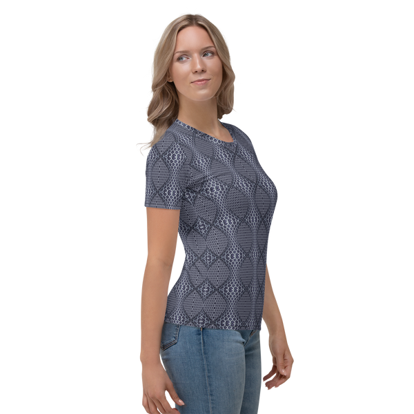 Product name: Recursia Illusions Game Women's Crew Neck T-Shirt In Blue. Keywords: Clothing, Women's Clothing, Women's Crew Neck T-Shirt, Print: llusions Game