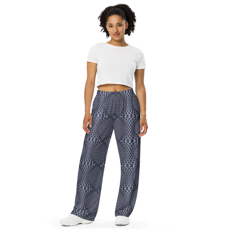 Product name: Recursia Illusions Game Women's Wide Leg Pants In Blue. Keywords: Women's Wide Leg Pants, Print: llusions Game