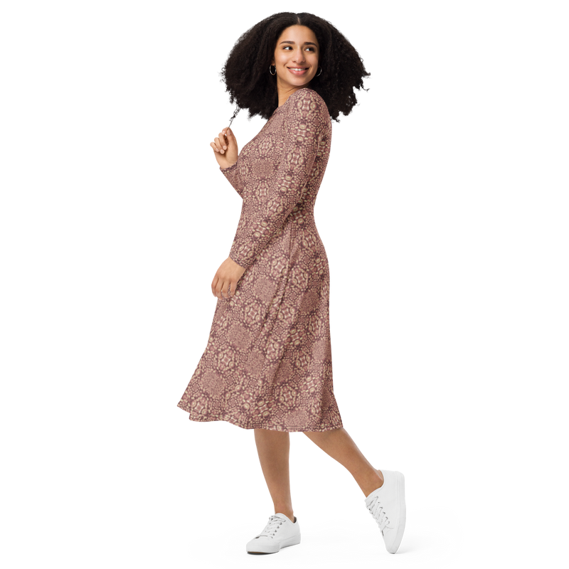 Product name: Recursia Indranet Long Sleeve Midi Dress In Pink. Keywords: Clothing, Print: Indranet, Long Sleeve Midi Dress, Women's Clothing