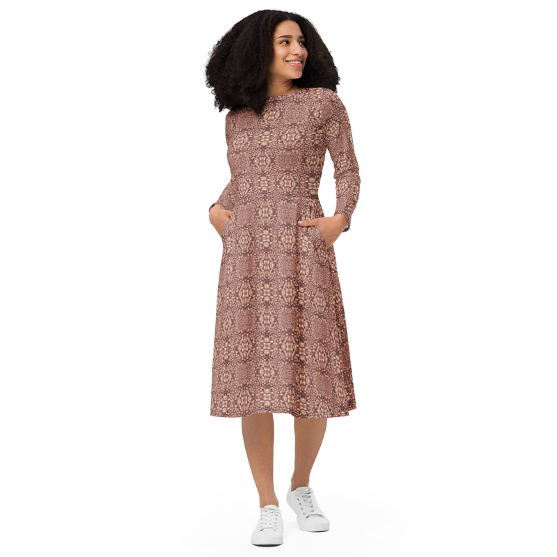 Product name: Recursia Indranet Long Sleeve Midi Dress In Pink. Keywords: Clothing, Print: Indranet, Long Sleeve Midi Dress, Women's Clothing