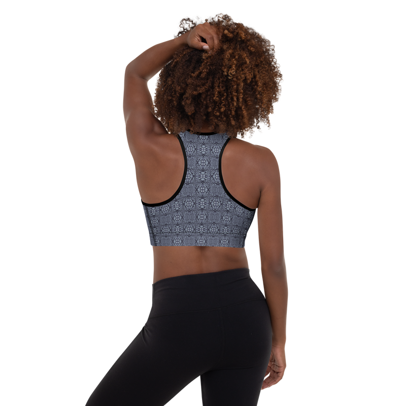 Product name: Recursia Indranet Padded Sports Bra In Blue. Keywords: Athlesisure Wear, Clothing, Print: Indranet, Padded Sports Bra, Women's Clothing