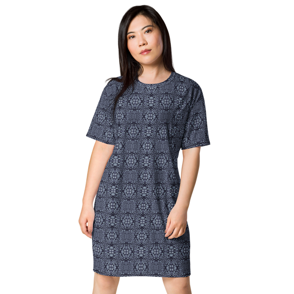 Product name: Recursia Indranet T-Shirt Dress In Blue. Keywords: Clothing, Print: Indranet, T-Shirt Dress, Women's Clothing