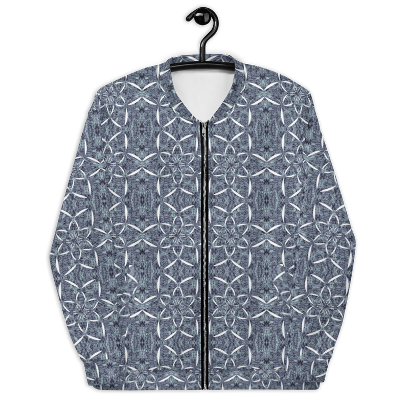 Product name: Recursia Lotus Light Men's Bomber Jacket In Blue. Keywords: Clothing, Print: Lotus Light, Men's Bomber Jacket, Men's Clothing, Men's Tops