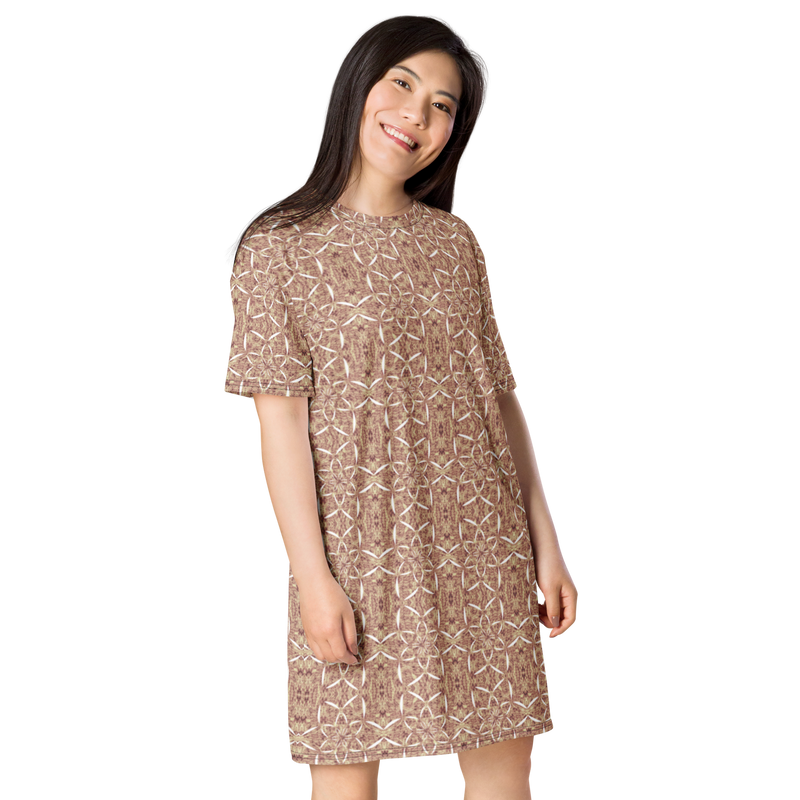 Product name: Recursia Lotus Light T-Shirt Dress In Pink. Keywords: Clothing, Print: Lotus Light, T-Shirt Dress, Women's Clothing