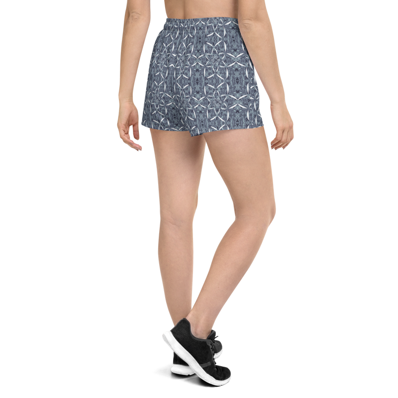Product name: Recursia Lotus Light Women's Athletic Short Shorts In Blue. Keywords: Athlesisure Wear, Clothing, Print: Lotus Light, Men's Athletic Shorts